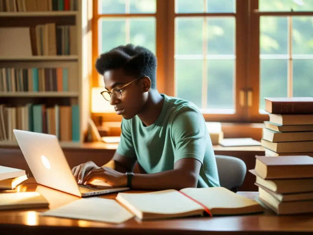 Estudiante concentrado en pasantías y proyectos reales, rodeado de libros y papeles, iluminado por la cálida luz natural