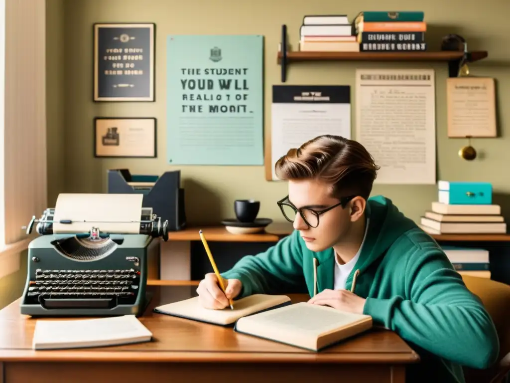 Un estudiante trabajando en un proyecto real desde casa, rodeado de elementos vintage y tecnología moderna