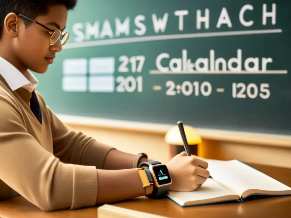 Estudiante usando smartwatch para gestión del tiempo en aula vintage con pizarrón y notas