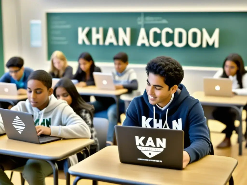 Estudiantes diversos colaboran en actividades educativas en un aula animada, con dispositivos mostrando el impacto de Khan Academy educación gratuita