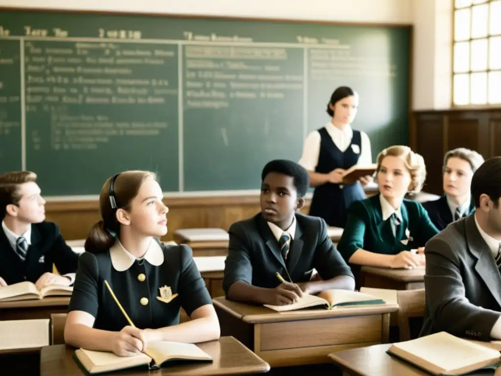 Estudiantes atentos en clase de historia, escuchando a un profesor usar un micrófono conectado a una radio antigua