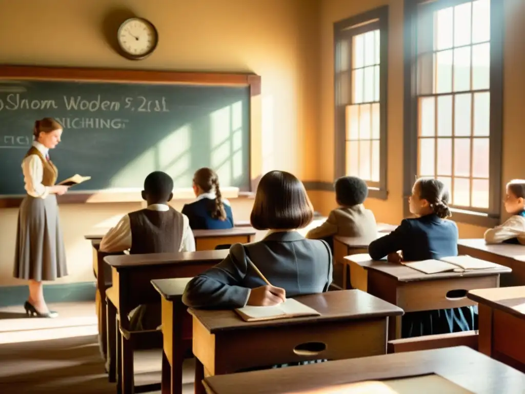 Estudiantes atentos escuchan a la maestra en un aula vintage con luz cálida