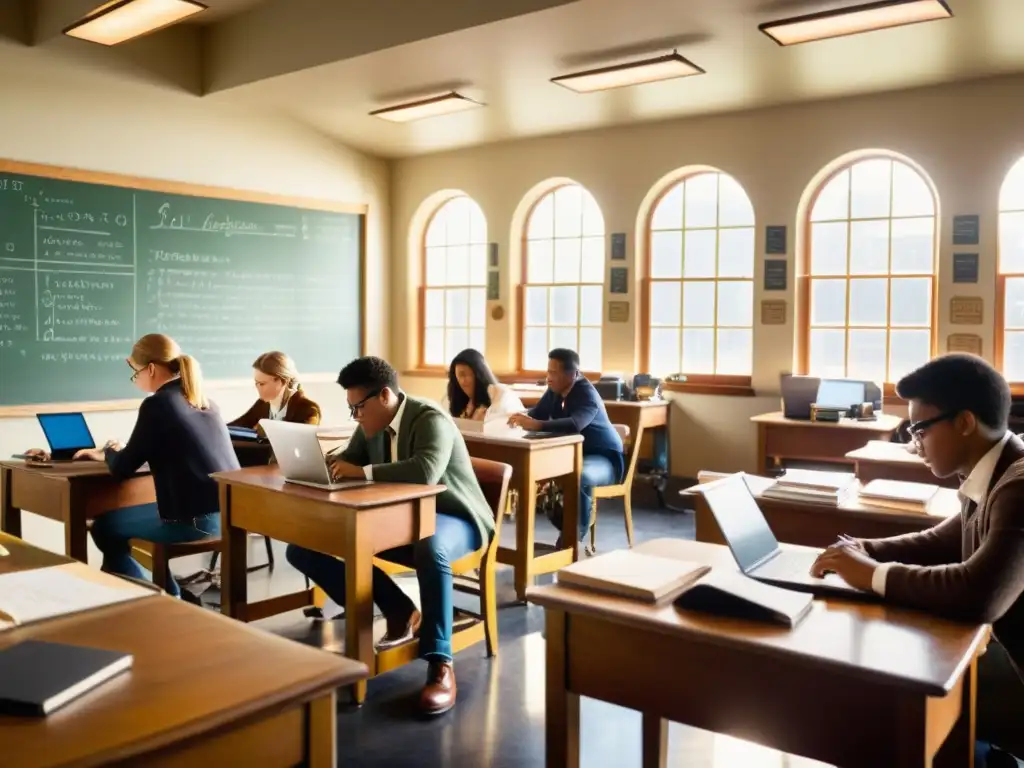 Estudiantes colaborando en un aula vintage, usando tecnología antigua para la capacitación continua en LinkedIn Learning