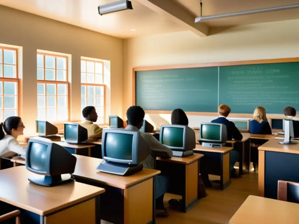 Estudiantes disfrutan beneficios de simulaciones interactivas educativas en un aula vintage iluminada por luz natural