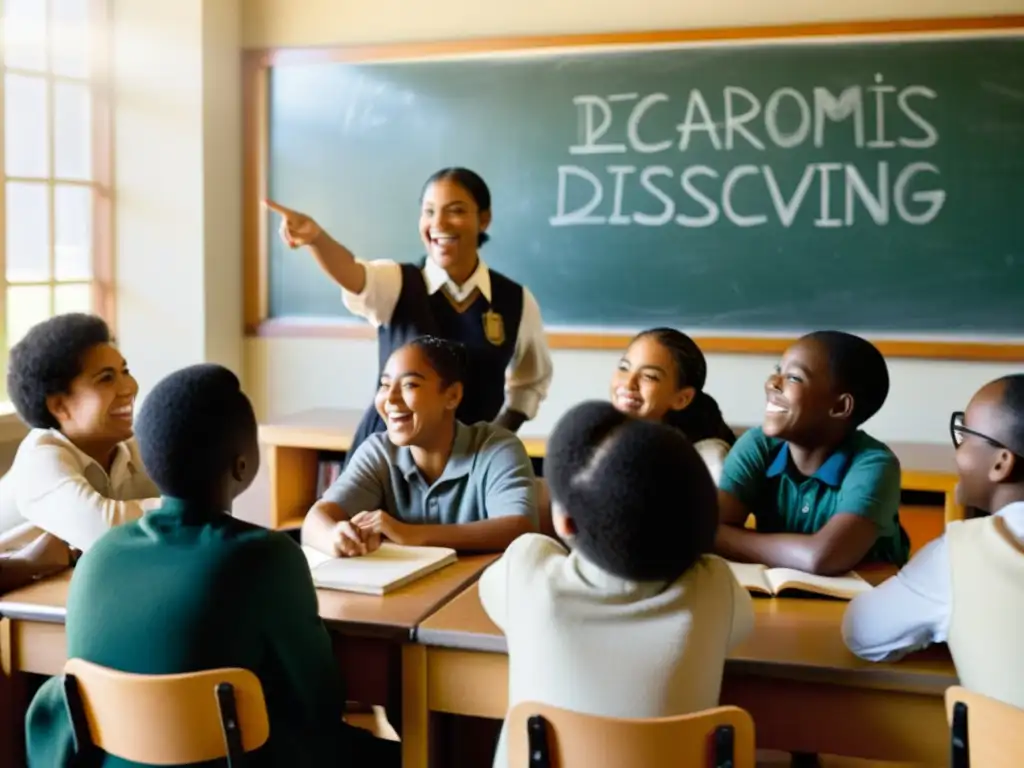 Estudiantes diversos participando animadamente en una clase, con luz solar cálida