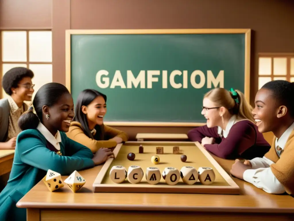 Estudiantes participando en una clase vintage gamificada, con juegos educativos en pizarrón y entusiasmo histórico