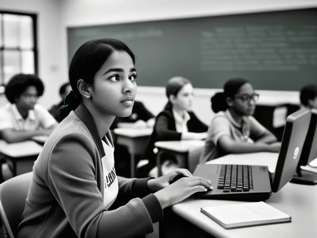 Estudiantes diversos y atentos usan computadoras en un aula vintage, reflejando el impacto de Khan Academy en la educación gratuita