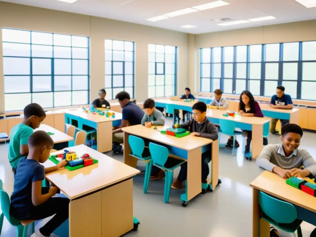 Estudiantes del futuro disfrutan de robótica educativa en un aula luminosa y vintage