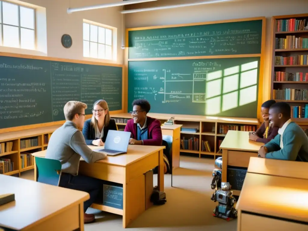 Estudiantes del futuro disfrutan de robótica educativa en un aula vintage con libros antiguos y mucha luz solar