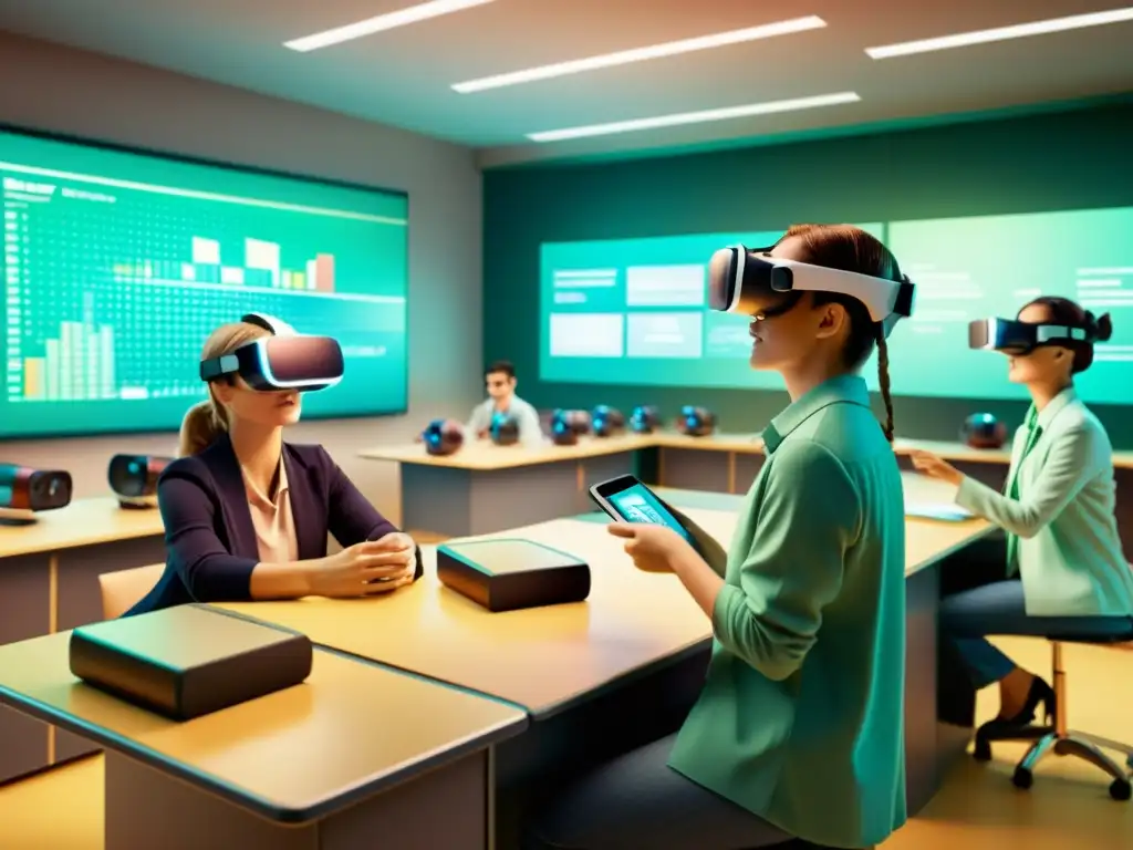 Estudiantes disfrutan de laboratorios virtuales en clase, explorando ciencias con realidad virtual y datos coloridos