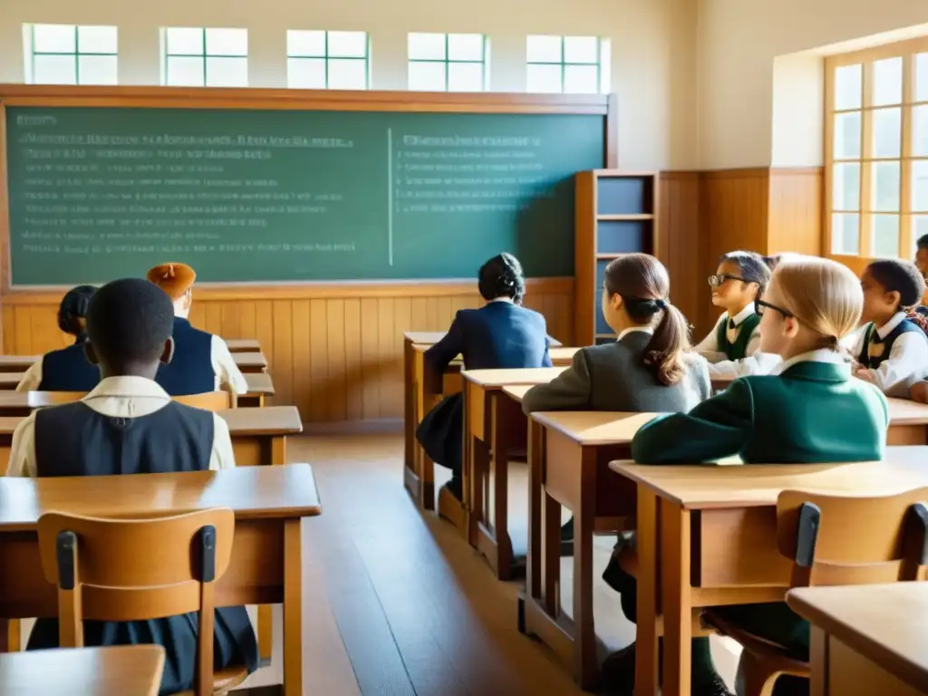 Estudiantes participan en la evolución de los materiales didácticos en aula vintage con computadoras y mobiliario retro