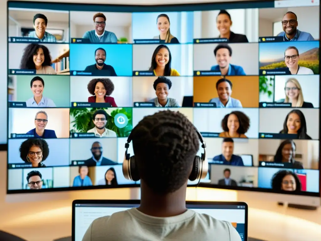 Estudiantes de todo el mundo participan activamente en un aula virtual, simbolizando la democratización educativa a través de MOOCs