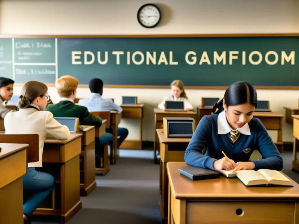 Estudiantes disfrutan de plataformas educativas gamificadas en aula vintage