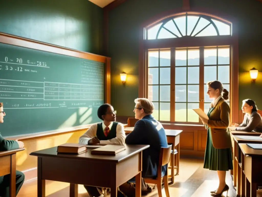 Estudiantes y profesor discuten en aula vintage con pizarrón lleno de ecuaciones