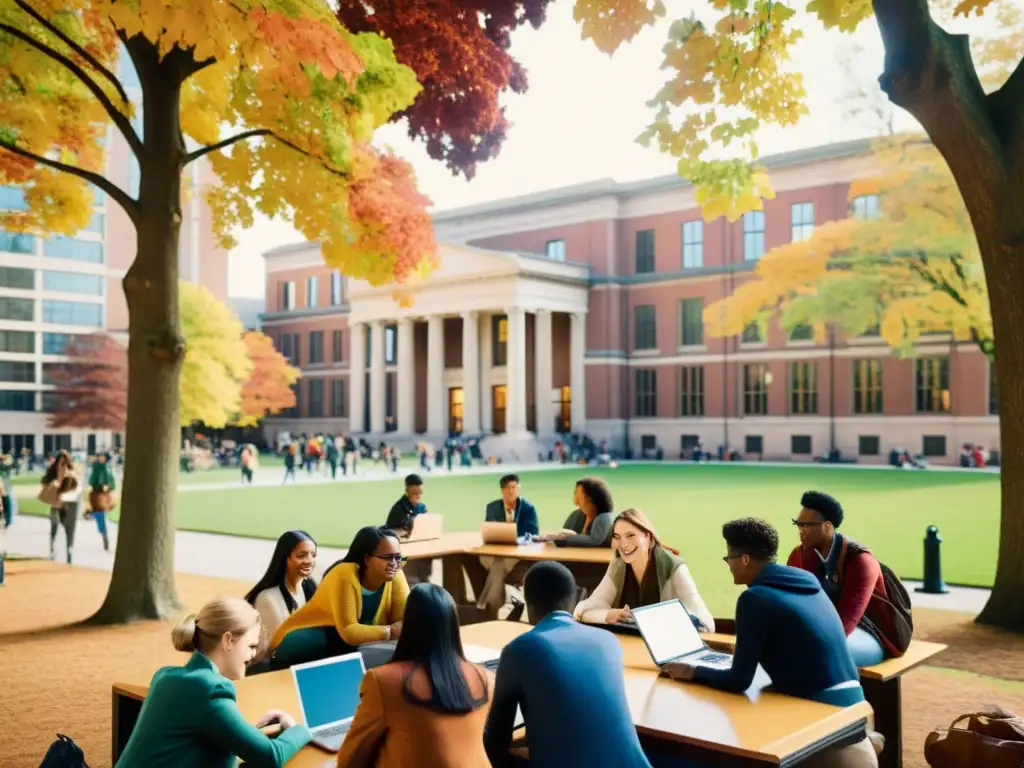 Estudiantes colaborando en proyectos reales en un campus universitario vibrante en otoño