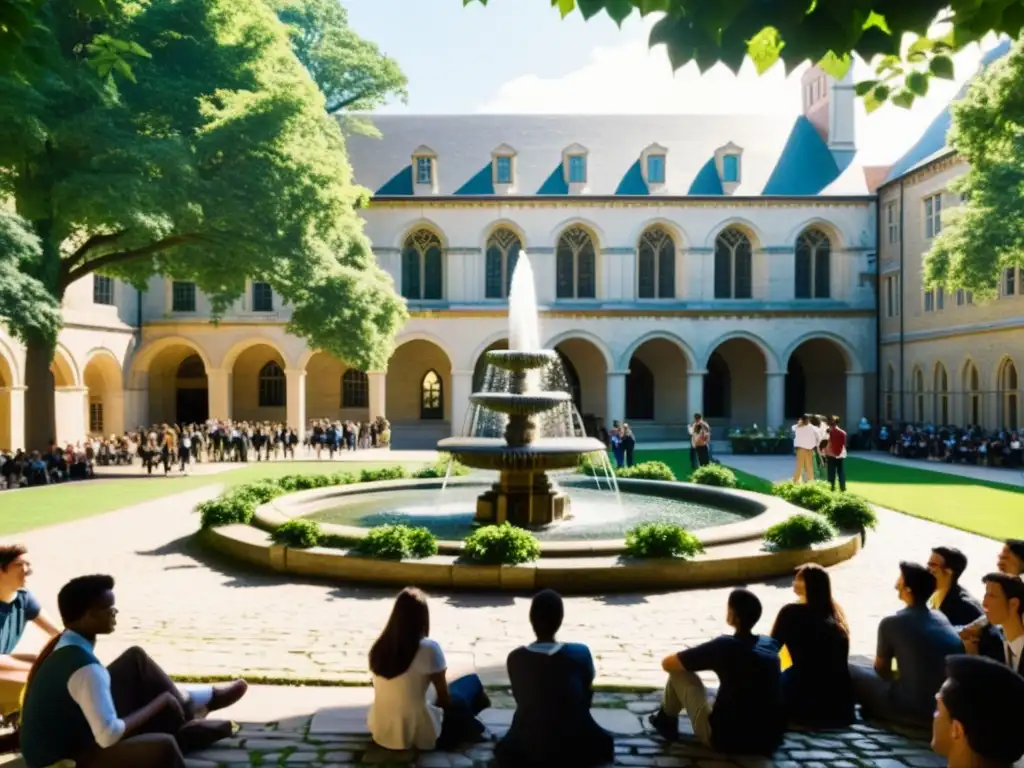 Estudiantes reunidos en un campus universitario histórico, con impacto de los gigantes MOOC en el fondo