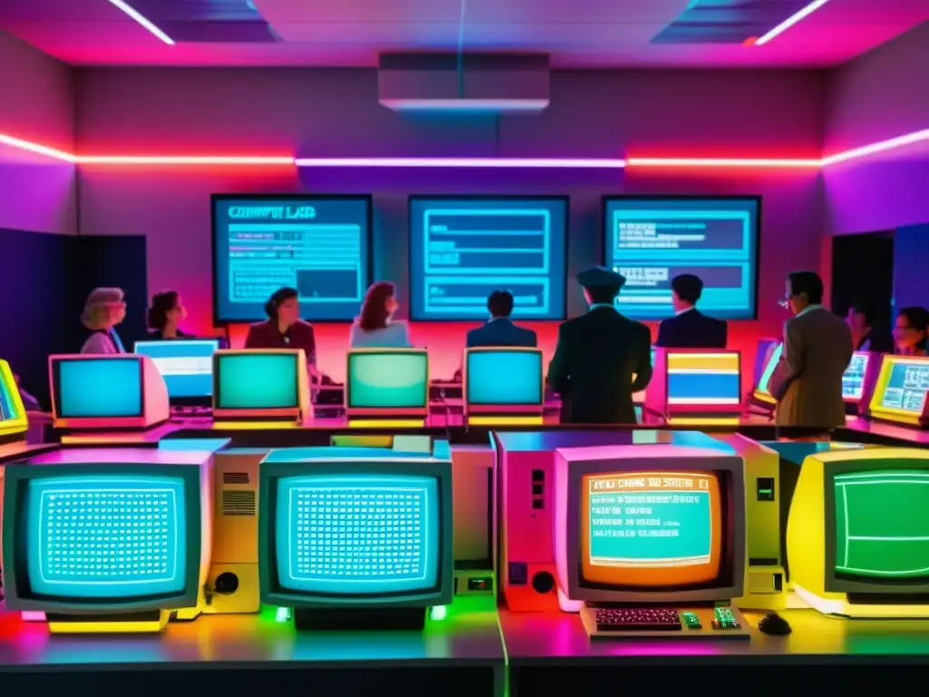 Estudiantes disfrutan de simulaciones educativas interactivas en un laboratorio de computación retro, evocando la emoción de la innovación educativa