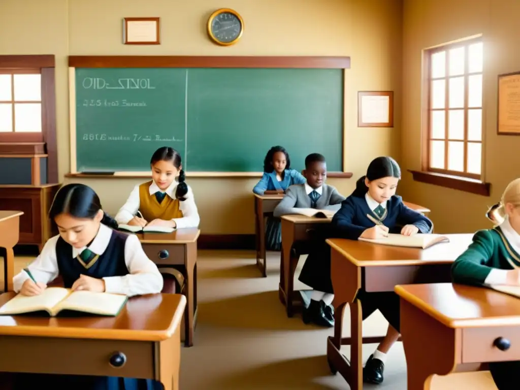 Estudiantes participando en simulaciones educativas interactivas en un aula vintage