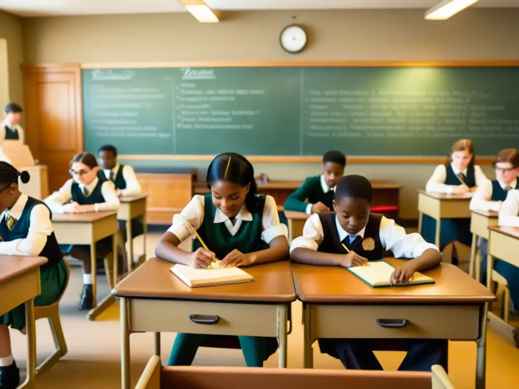 Estudiantes disfrutan de simulaciones interactivas educativas en un aula vintage, evocando una auténtica atmósfera educativa