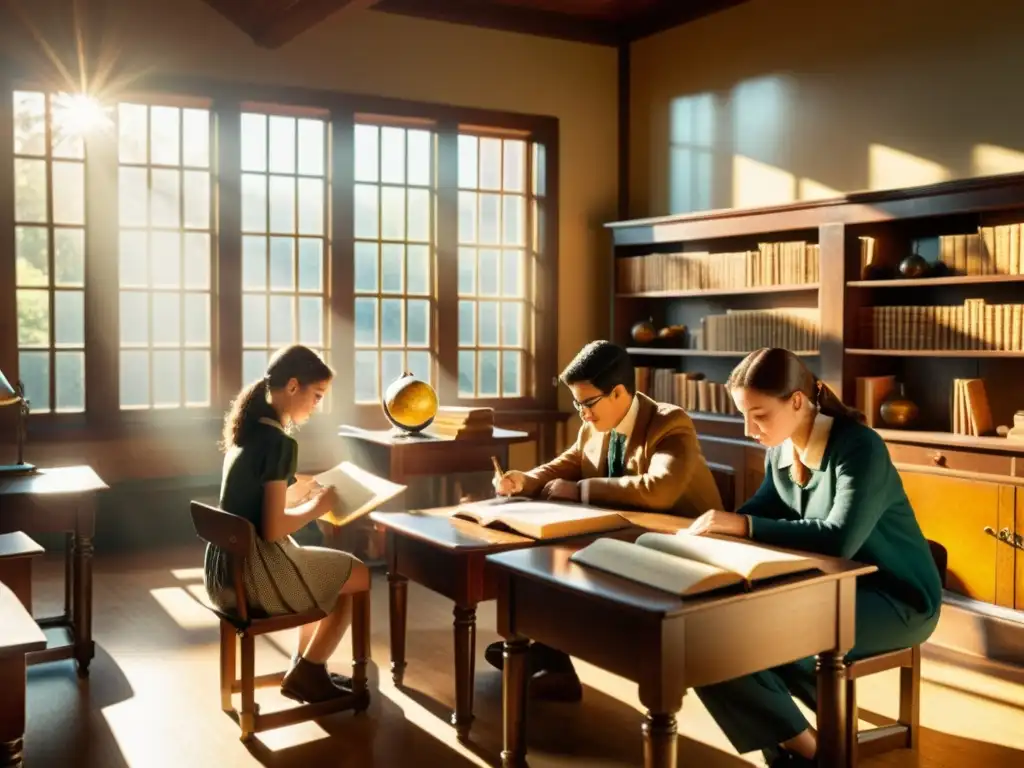 Estudiantes participando en simulaciones interactivas educativas en un aula vintage con libros antiguos y herramientas educativas, iluminados por la cálida luz del sol