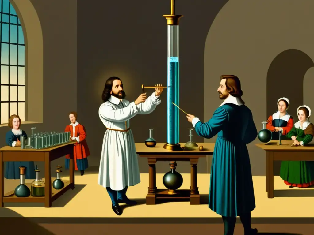 Una ilustración vintage muestra a Evangelista Torricelli realizando su experimento del barómetro en un laboratorio del siglo XVII