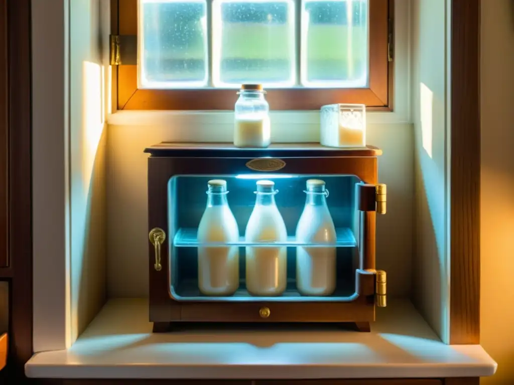 Una evocadora imagen de un antiguo refrigerador de hielo, con detalles tallados en madera y una cerradura metálica