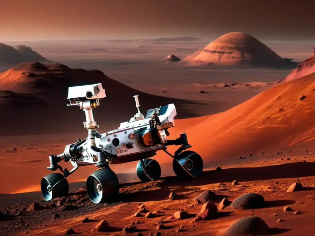 Exploración espacial: un rover metálico recorre el terreno marciano rojizo entre remolinos de polvo, mostrando tecnología avanzada