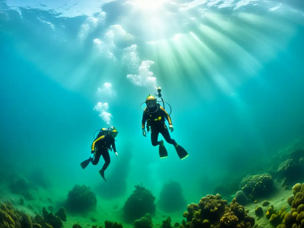 Exploradores en trajes de buceo vintage investigan un misterioso agujero de gusano en el fondo del mar, rodeados de criaturas extrañas