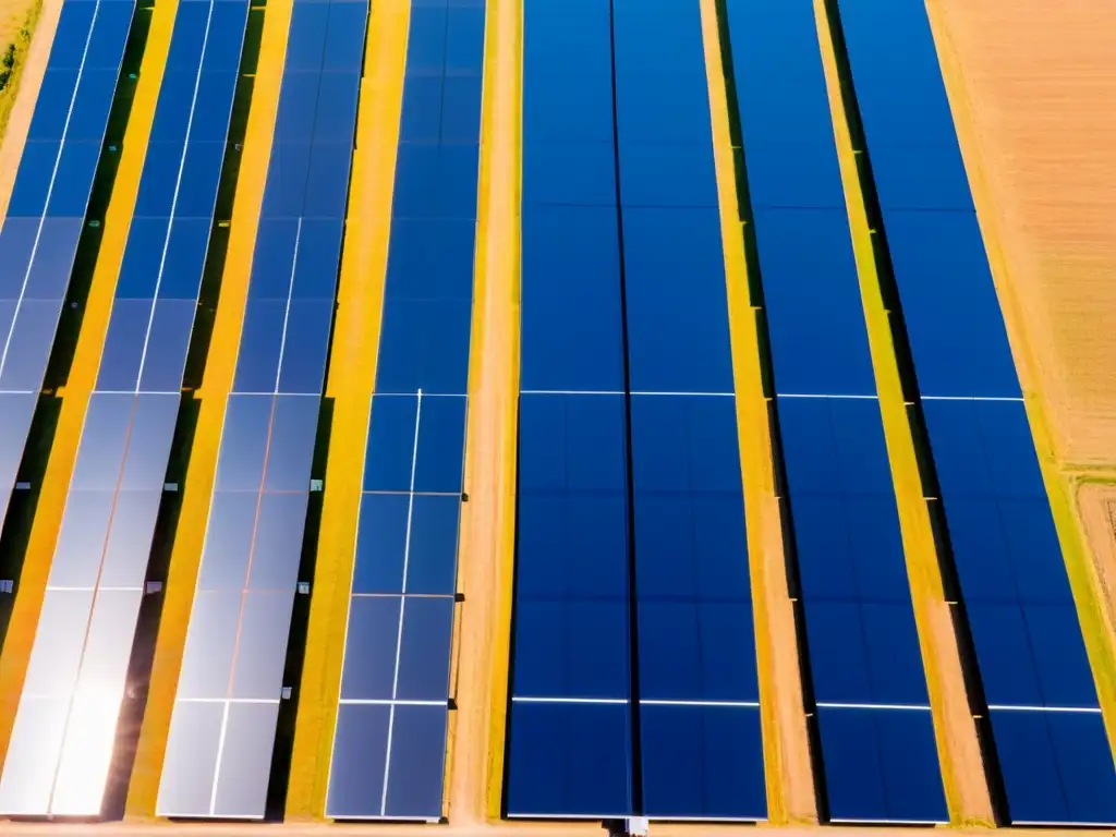 Un extenso campo de paneles solares bajo un cielo azul, con trabajadores y un cálido resplandor dorado