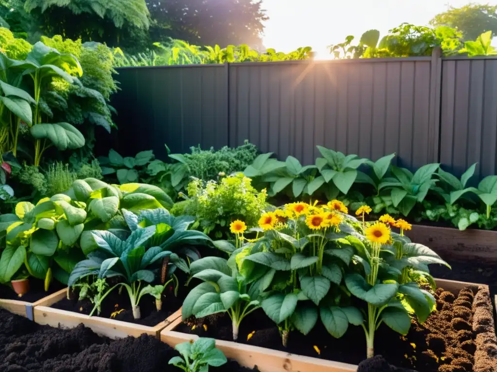 Jardín exuberante con frutas, verduras y flores en tierra fértil