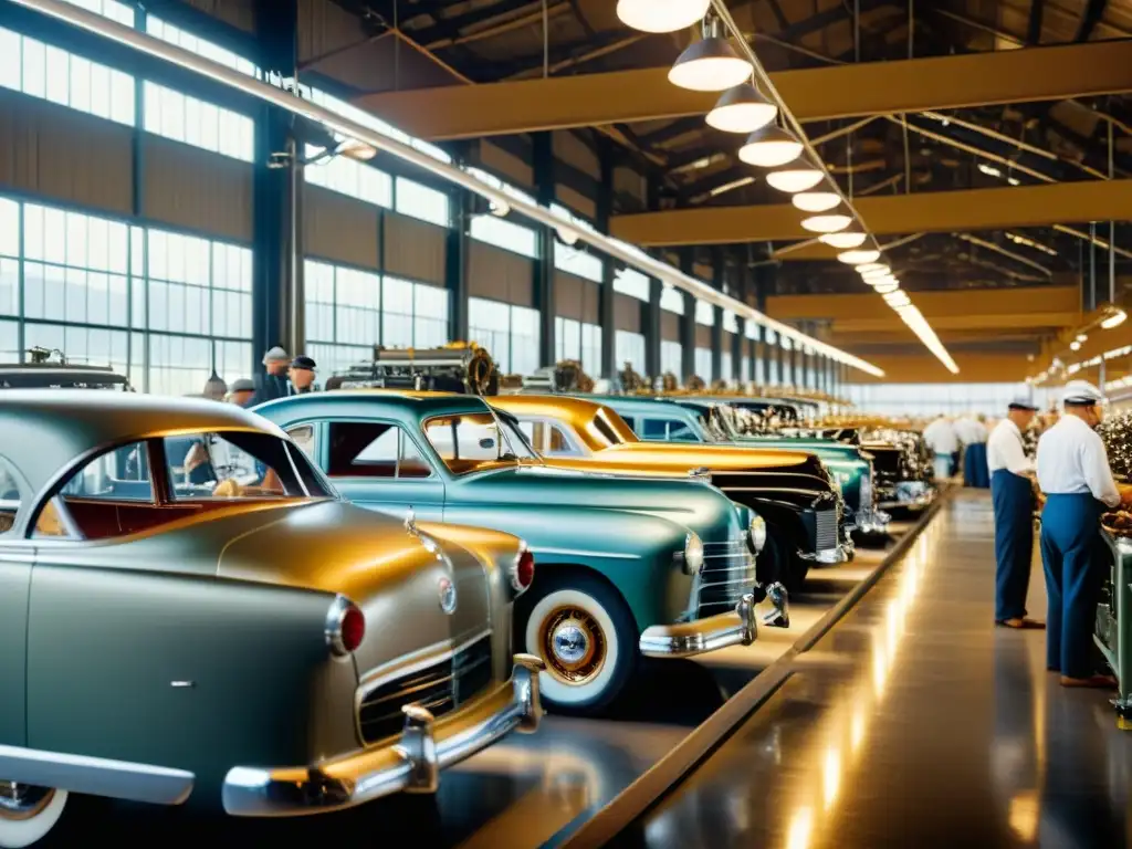 En la fábrica de automóviles vintage, trabajadores ensamblan coches clásicos entre maquinaria industrial