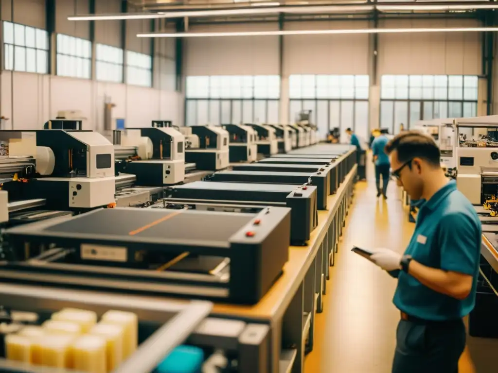 Una fábrica bulliciosa con trabajadores operando impresoras 3D, maquinaria innovadora y materiales impresos