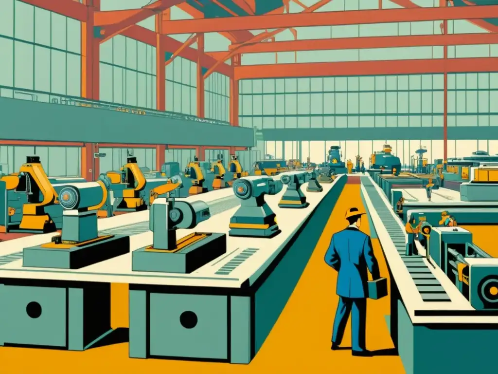 Una ilustración vintage de una fábrica bulliciosa con trabajadores y robots, mostrando el impacto social de la robótica en la evolución tecnológica y dinámicas laborales