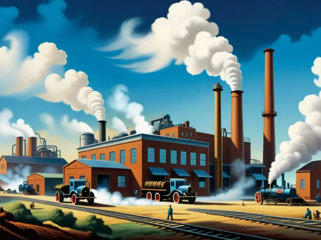 Ilustración vintage de fábrica industrial con trabajadores y maquinaria, evocando el progreso en usos del gas natural en la industria