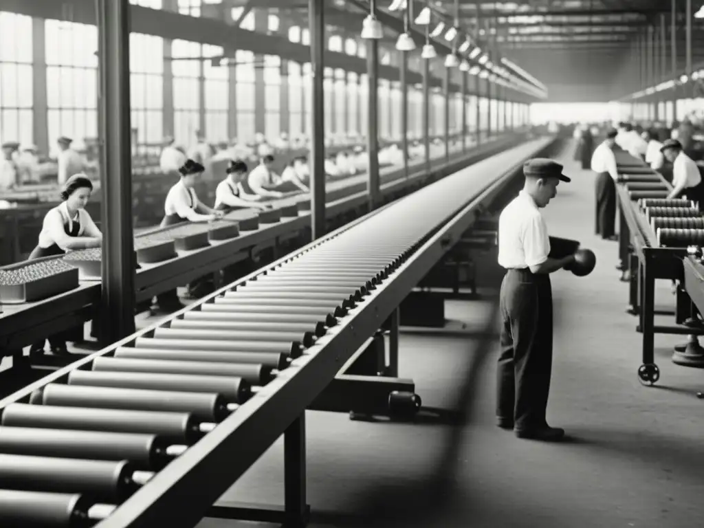 En la fábrica del siglo XX, la producción en cadena influencia global mientras los trabajadores ensamblan productos en un ambiente de caos organizado