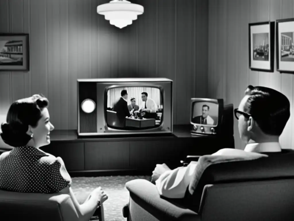 Una familia de los años 50 observa una película clásica en la televisión, rodeada de muebles y decoración retro