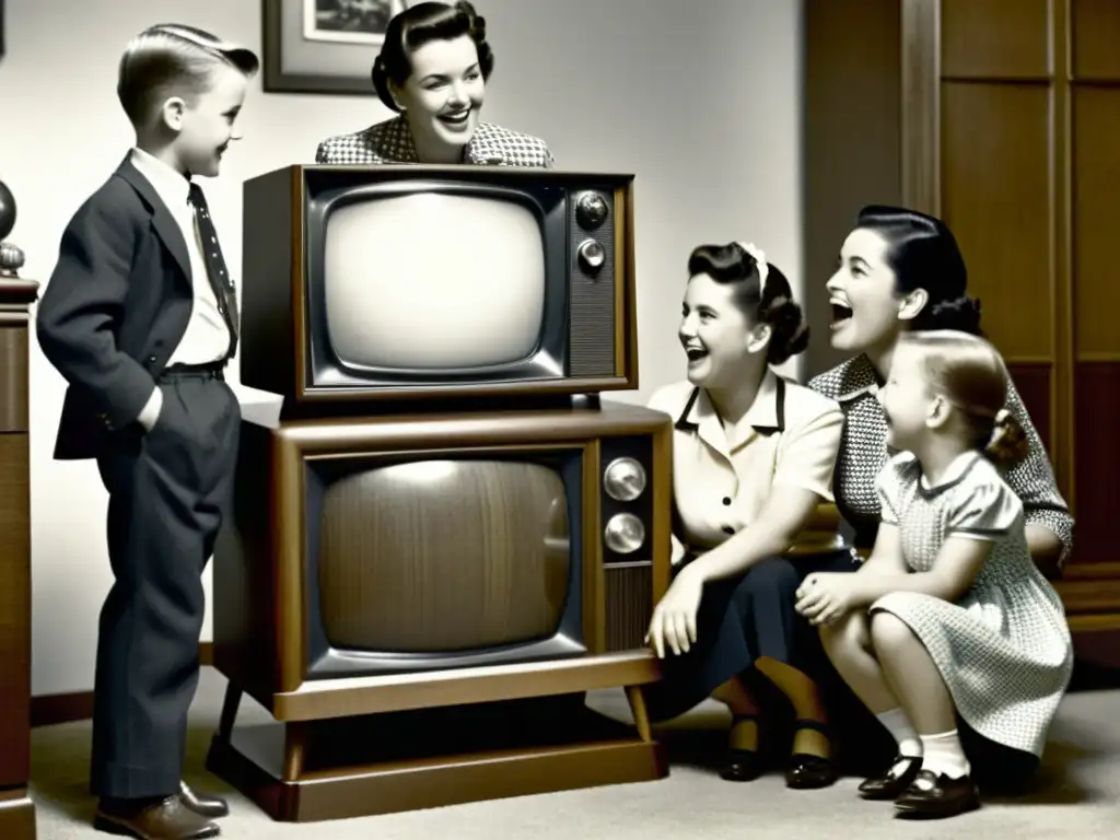 Una familia de los años 50 se reúne alrededor de un televisor antiguo, con expresiones de asombro y emoción