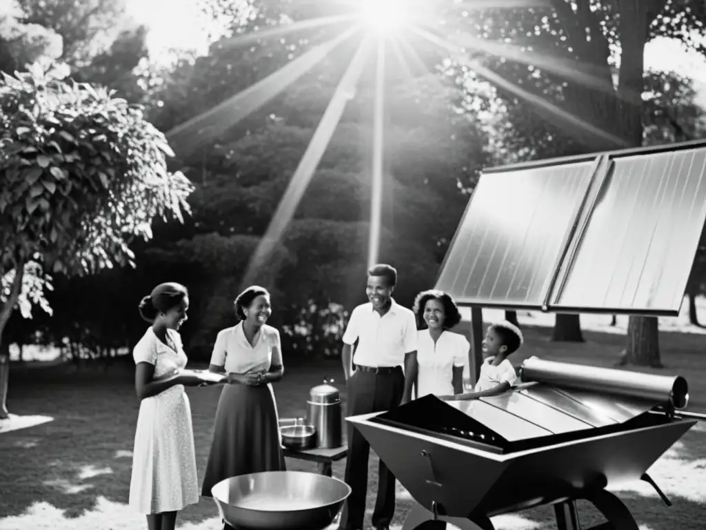 Una familia sonríe mientras cocina en un gran horno solar en el patio