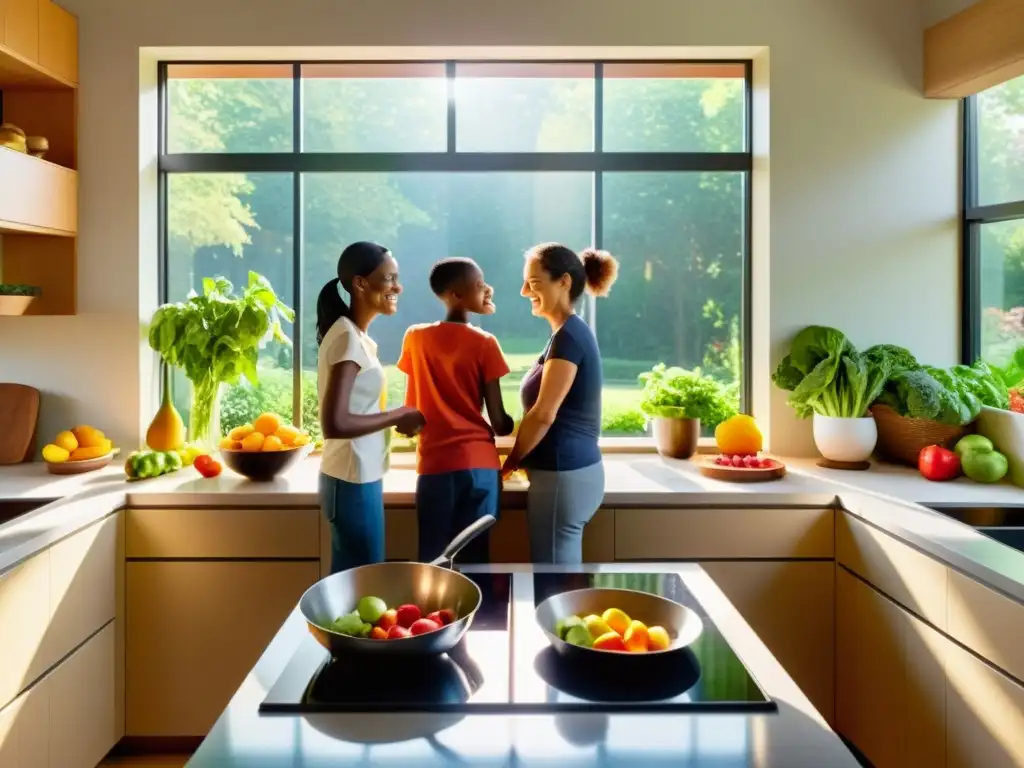 Una familia prepara una comida sostenible en una cocina ecológica, con frutas frescas y un jardín al fondo