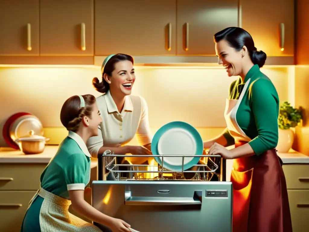 Una familia riendo y conversando mientras cargan juntos el lavavajillas en una cocina vintage