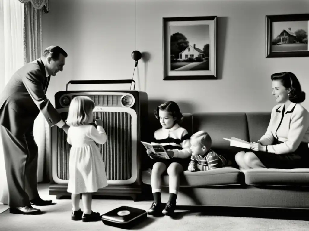 Una familia escucha la radio en su acogedor salón vintage