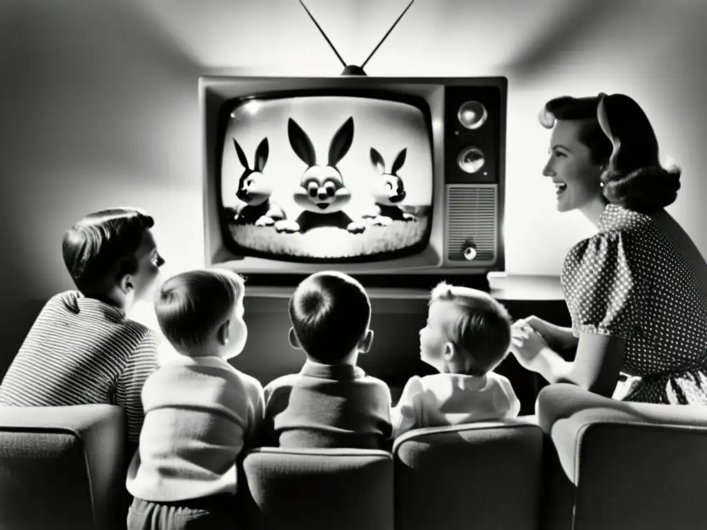 Una familia se reúne alrededor de un televisor antiguo, iluminados por la pantalla mientras observan maravillados