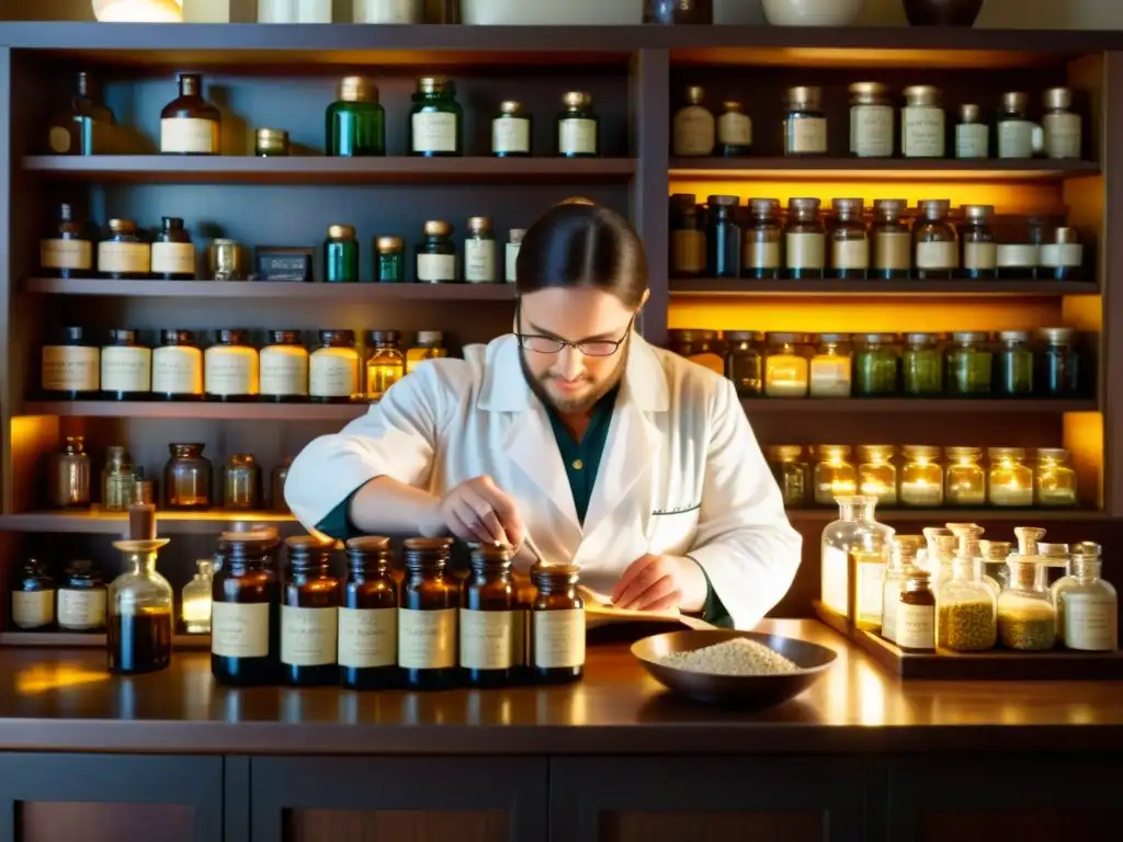 Un farmacéutico antiguo mezcla ingredientes en una botica tenue, evocando la artesanía farmacéutica