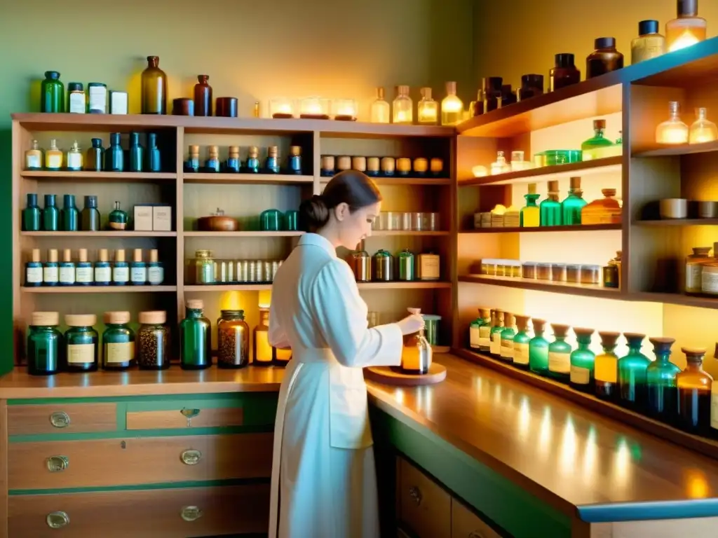 Un farmacéutico en una bulliciosa botica vintage, preparando medicinas mientras clientes exploran los estantes