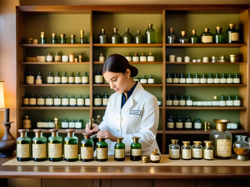 Un farmacéutico en una farmacia tradicional, preparando medicamentos con frascos antiguos, balanzas de latón y etiquetas manuscritas