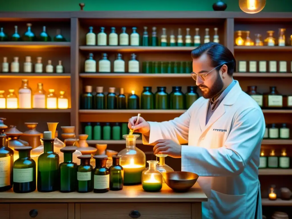 Un farmacéutico mezcla hierbas en un antiguo laboratorio, fusionando tradición y tecnología para los beneficios de la fermentación para la salud