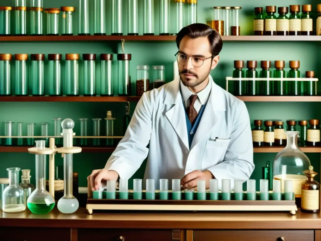 Un farmacéutico en su laboratorio antiguo, trabajando meticulosamente con tubos de ensayo y equipo científico