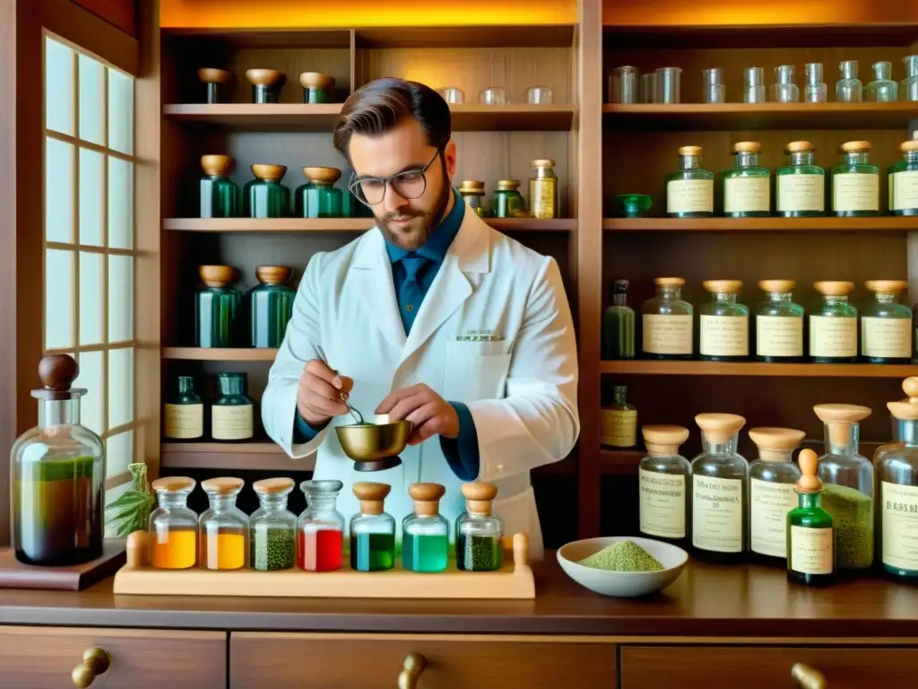 Un farmacéutico prepara cuidadosamente medicamentos en una antigua botica iluminada por lámparas de aceite