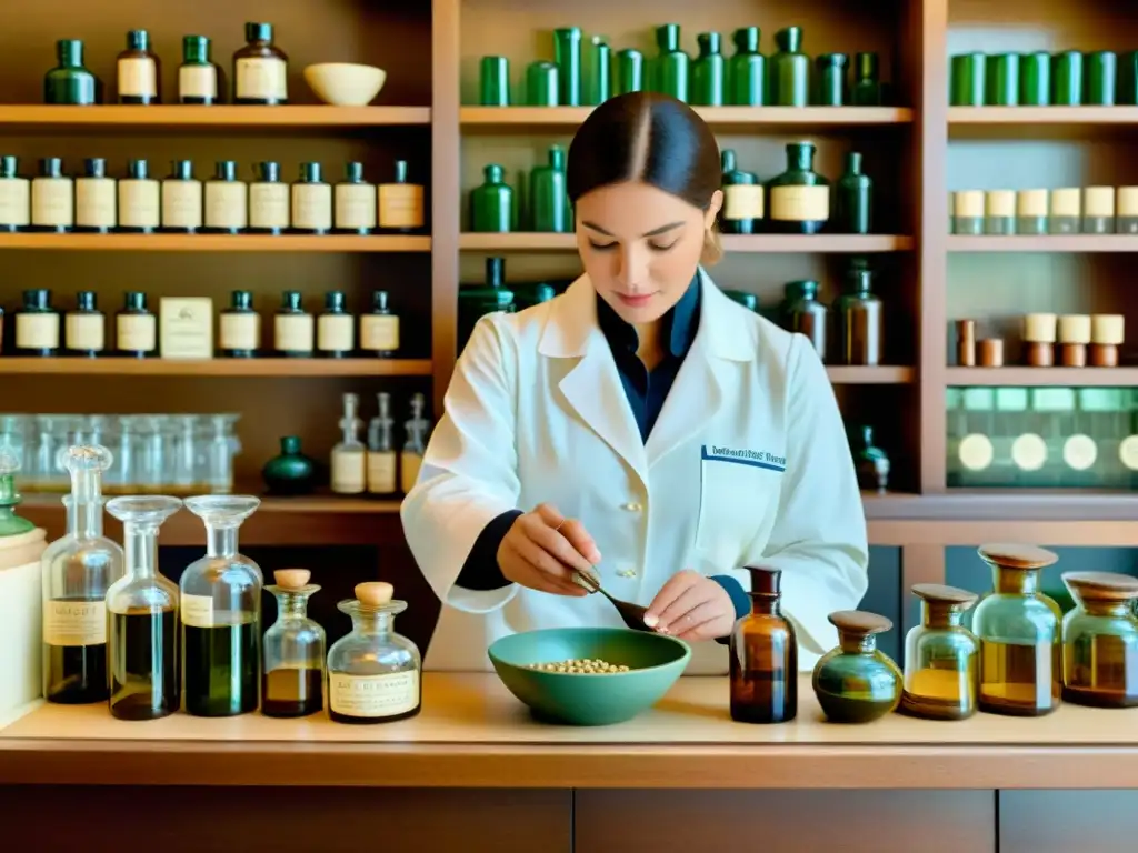 Un farmacéutico compone medicamentos personalizados en una antigua botica, rodeado de frascos y utensilios tradicionales