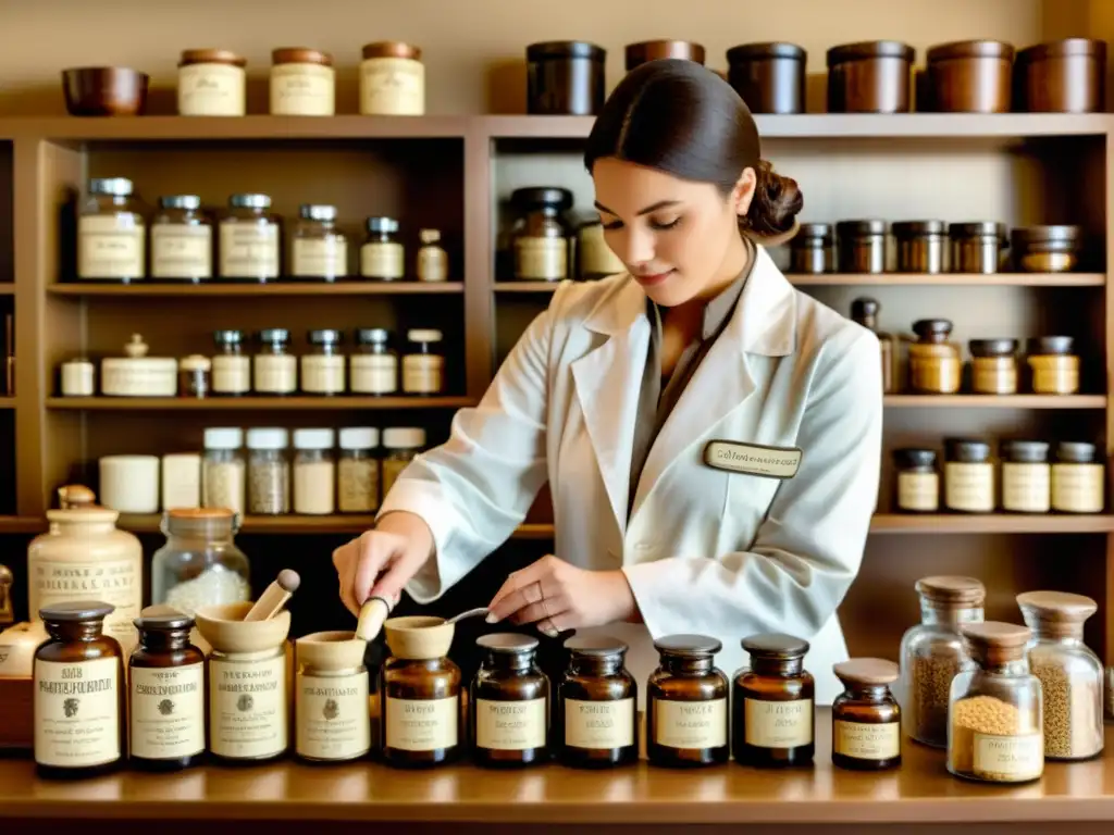 Un farmacéutico prepara cuidadosamente medicamentos personalizados en un entorno vintage, evocando confianza en la farmacogenómica personalizada